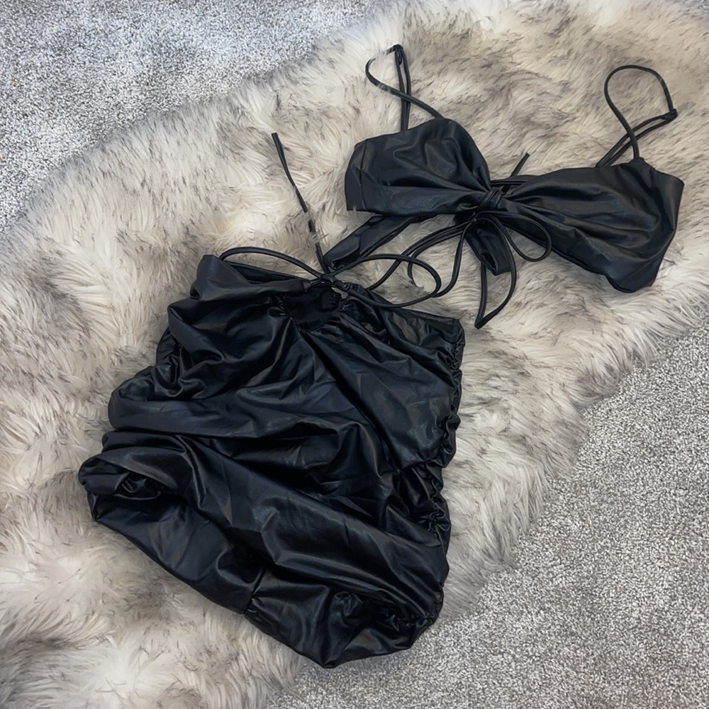 fashion nova black leather skirt set